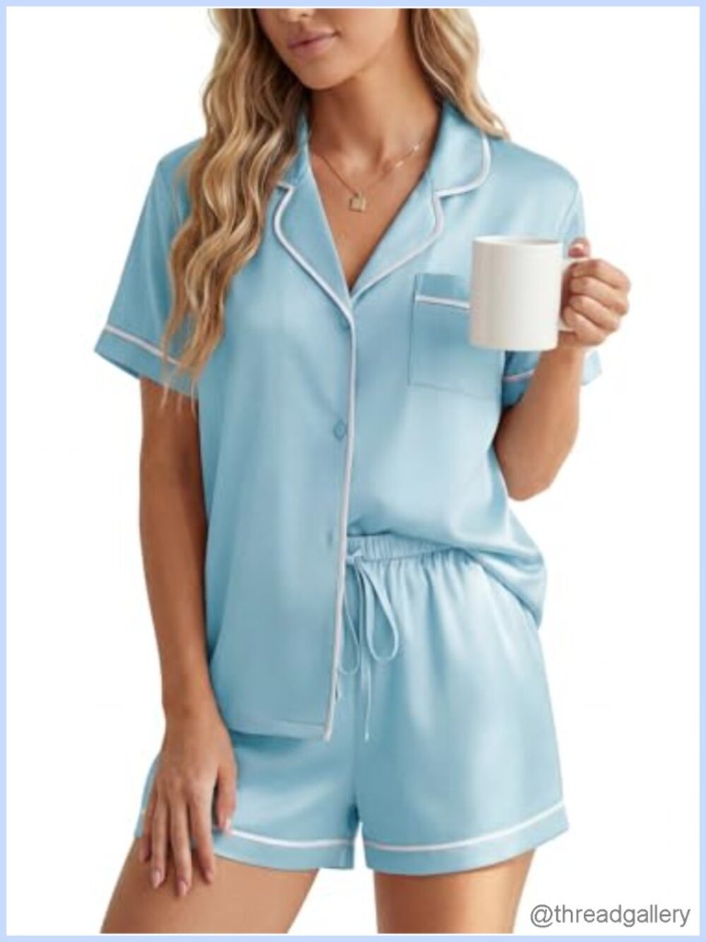 Satin 2 Piece Pajama Set Short Sleeve Button Down Sleepwear Loungewear